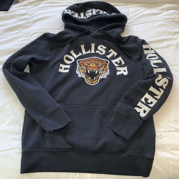 Hollister Hoodie Mens Small Black Tiger Graphic Logo Pullover Sweatshirt - Picture 5 of 7